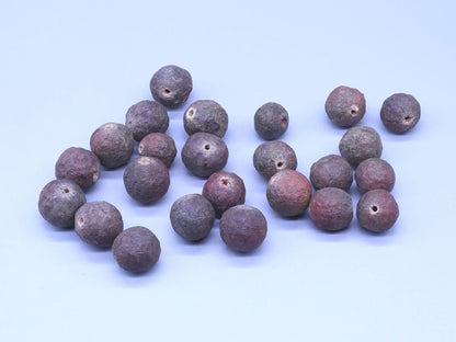 Small, rounded reddish-brown spiritual prayer beads scattered on a plain white background.