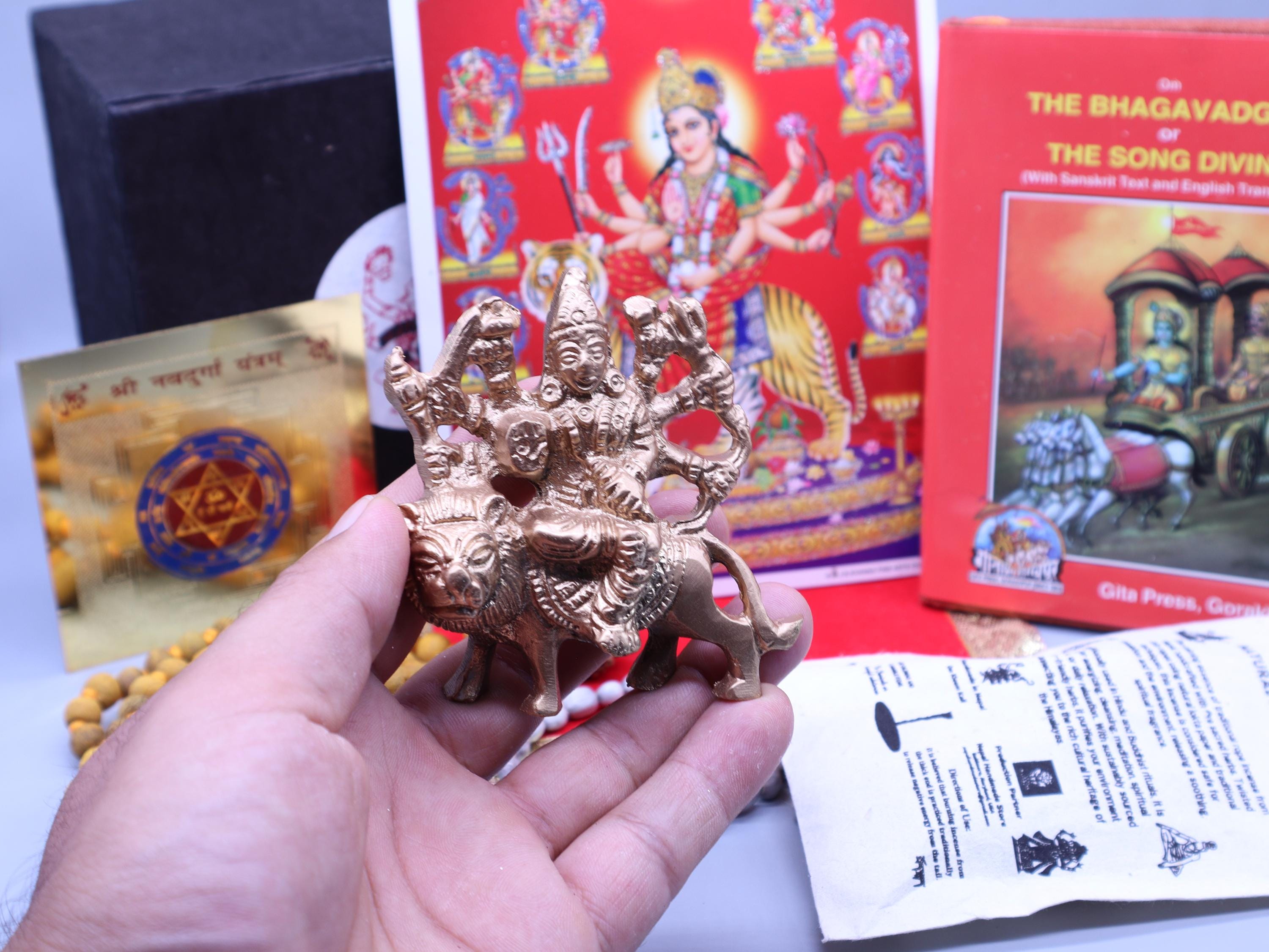 Durga Divine Gift Box: Brass Statue, Yantra, Haldi Mala