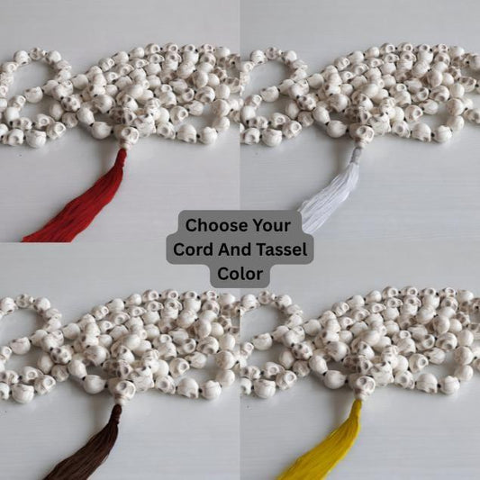 Traditional Bodhi seed malas with customizable cord and tassel color options.