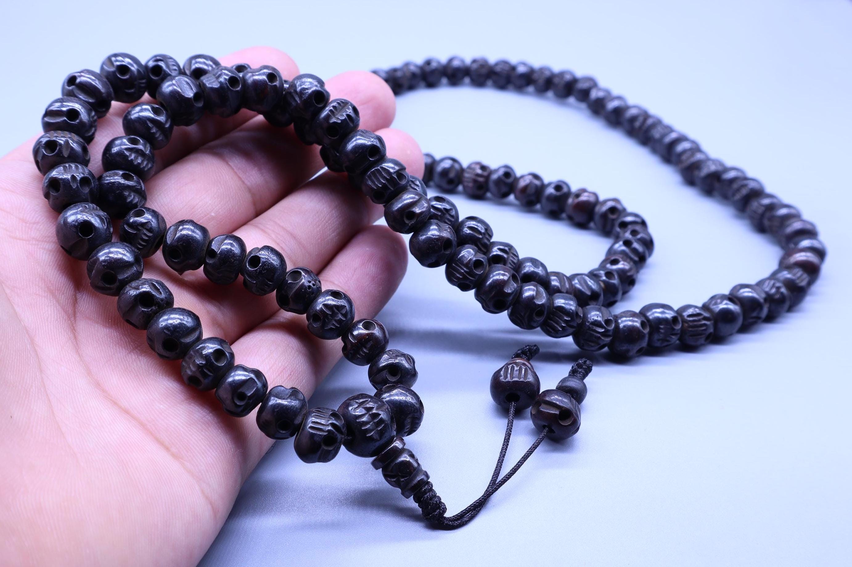 Hand Carved Bone Skull Mala: Tibetan Prayer Beads Necklace