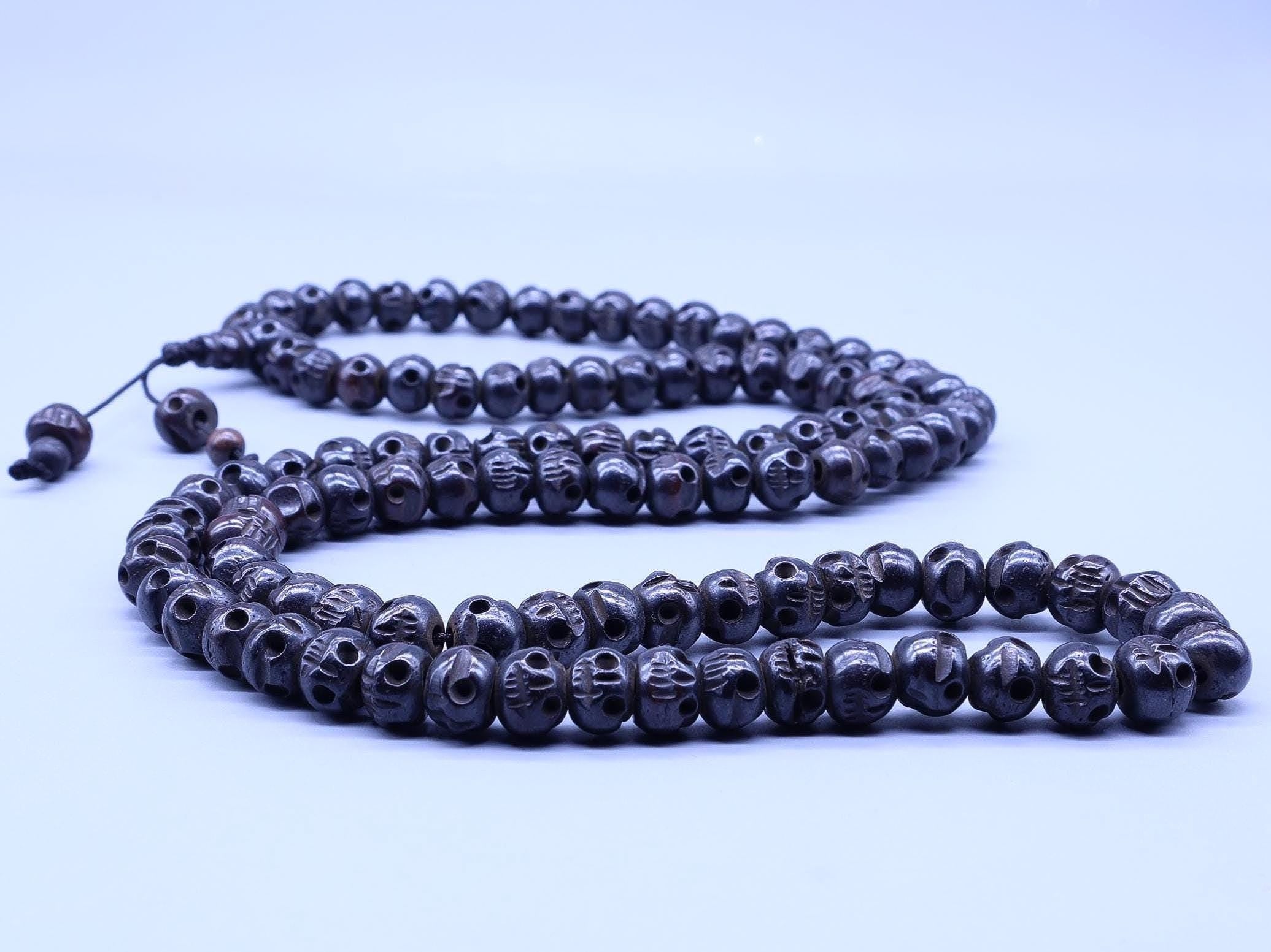 Hand Carved Bone Skull Mala: Tibetan Prayer Beads Necklace