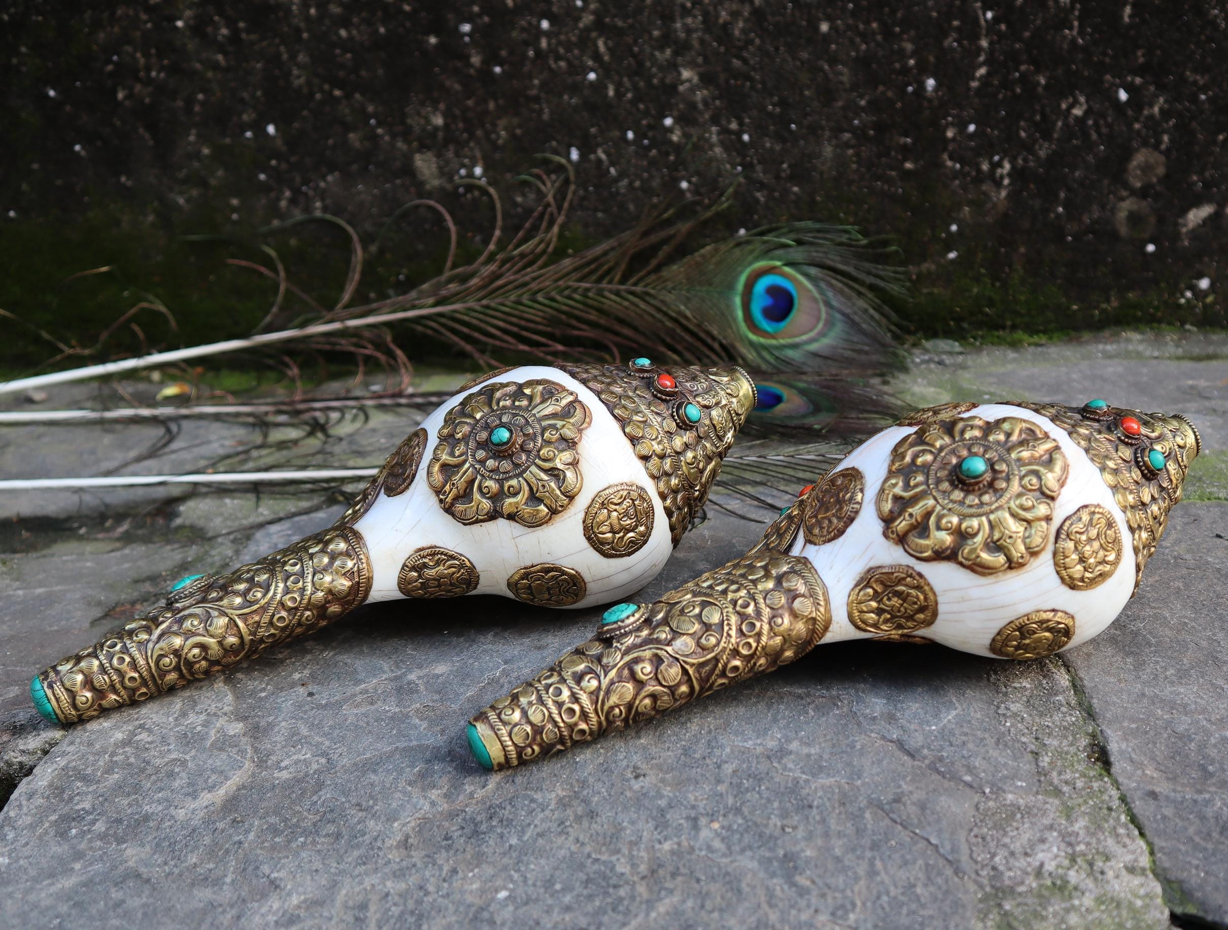 Hand Carved Tibetan Conch Shell: Buddhist Ritual Instrument, 11 Inch