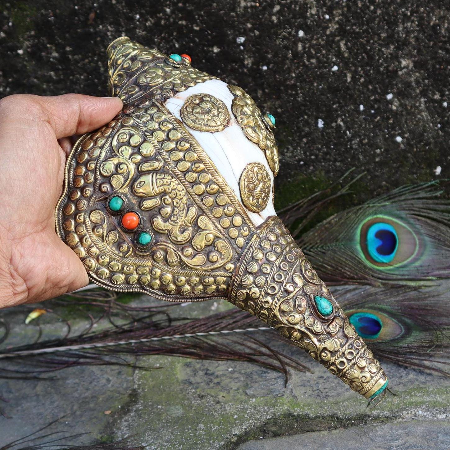 Hand Carved Tibetan Conch Shell: Buddhist Ritual Instrument, 11 Inch