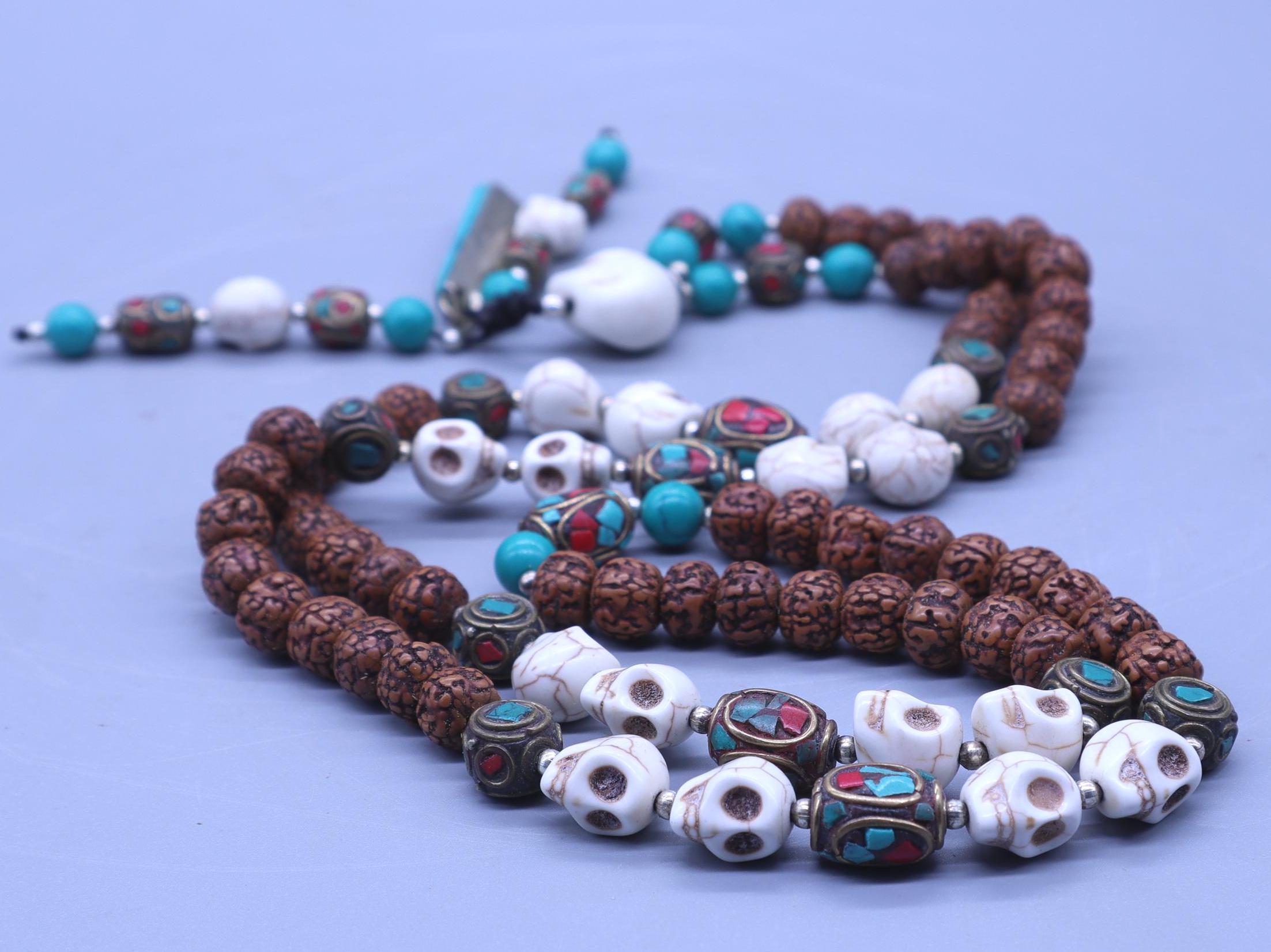 Tibetan Rudraksha Seed Mala: Howlite Skull Beads, Om Mani Padme Hum Tassel