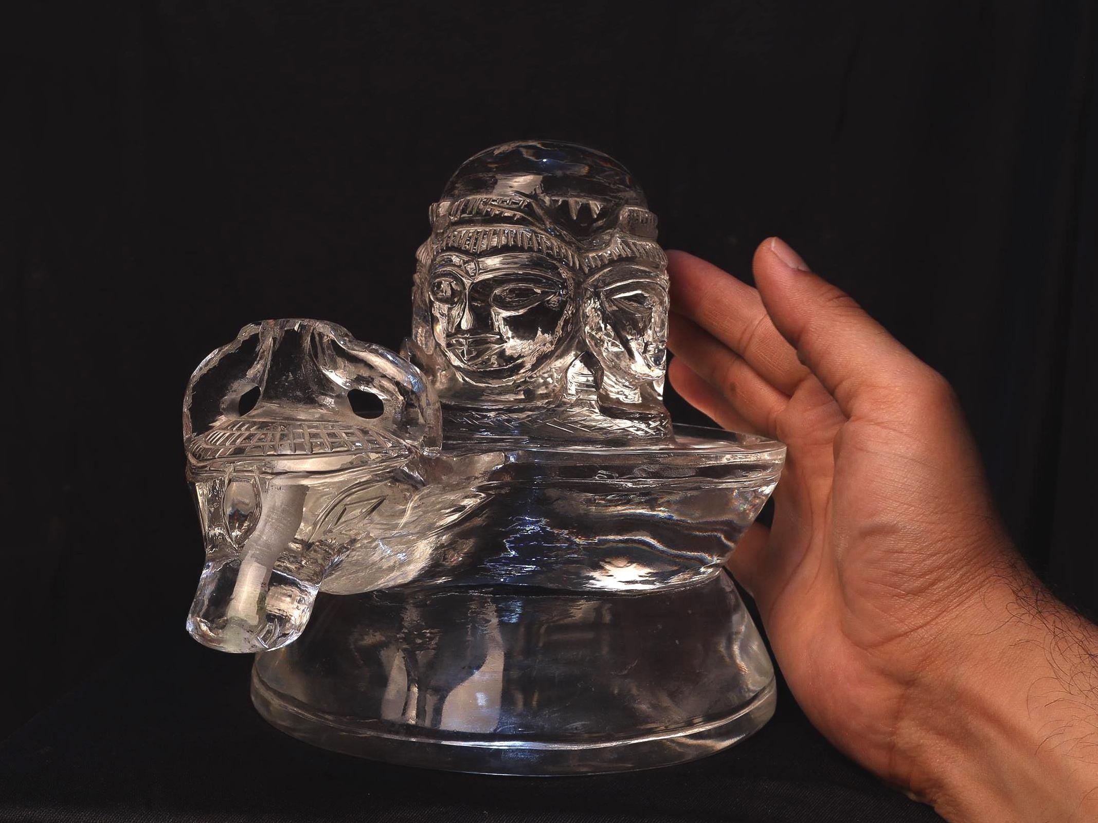 Hand-Carved Sphatik Shiva Linga Statue: Quartz Crystal with Nandi, Himalayan Temple Art
