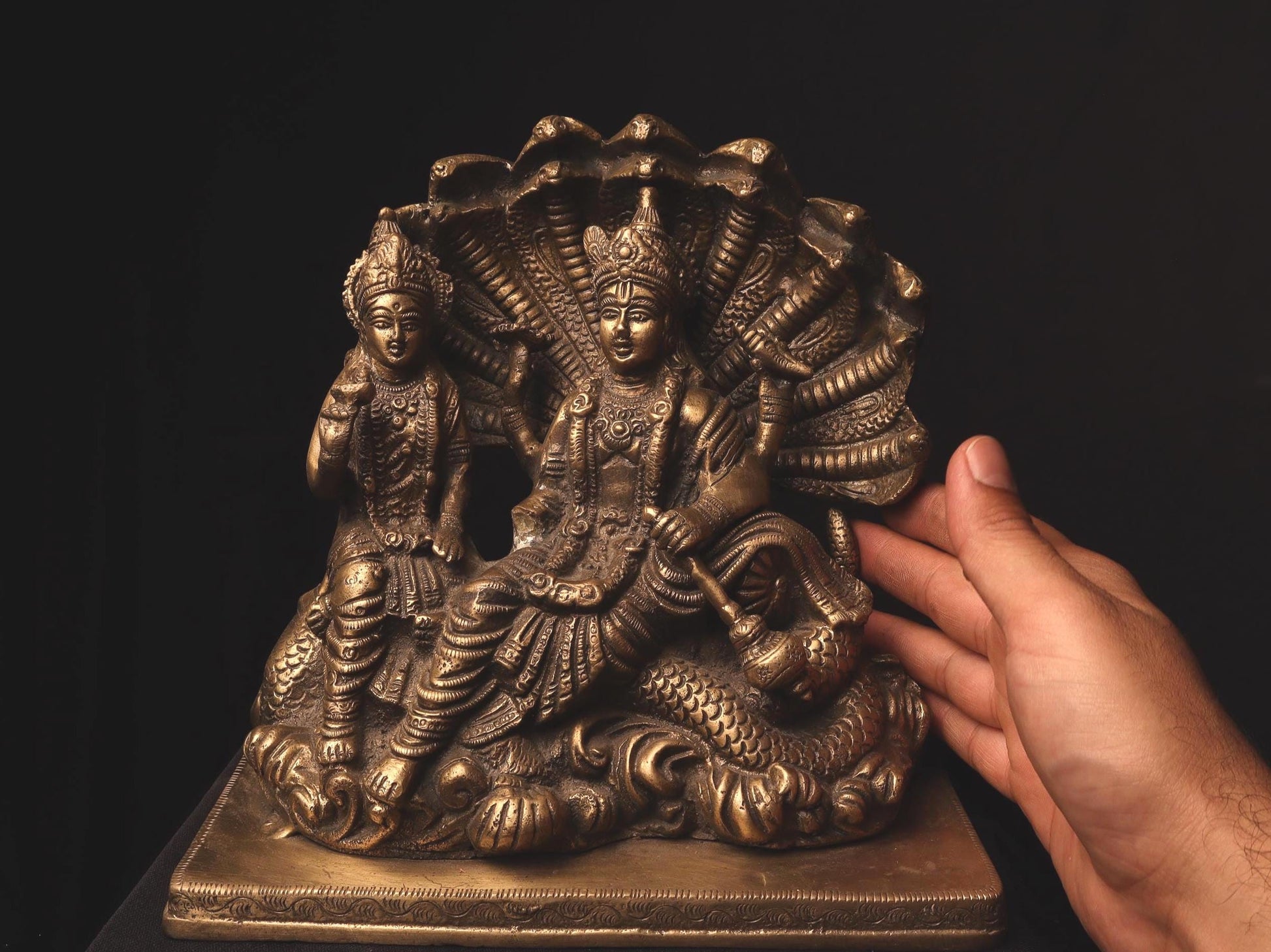Handmade Brass Vishnu Lakshmi Idol on Sheshnag: Hindu Temple Decor