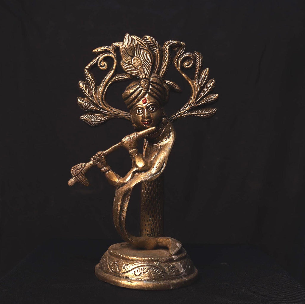 Handmade Krishna Brass Idol: Rare Flute Design, Nepal Temple Decor