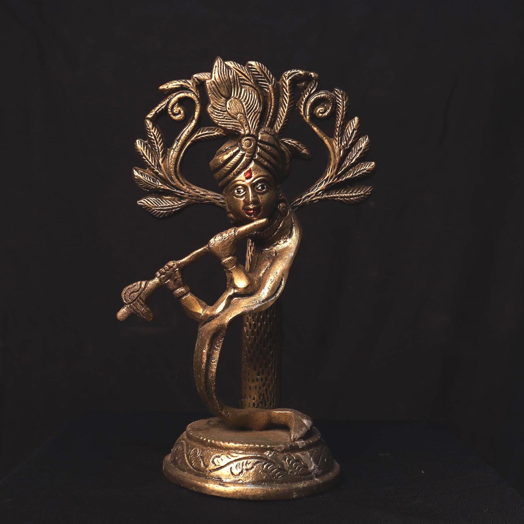 Handmade Krishna Brass Idol: Rare Flute Design, Nepal Temple Decor