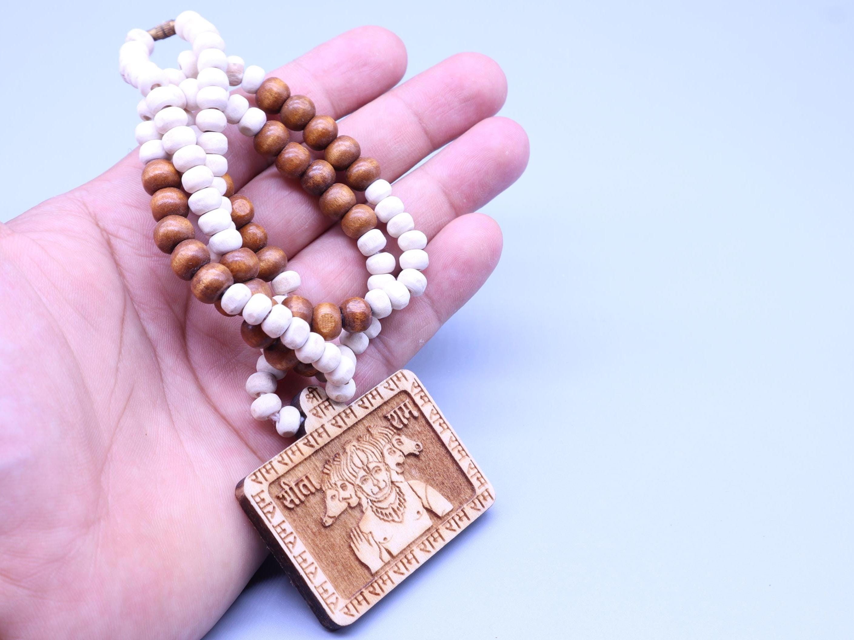 Tulsi Bead Ramayana Mala: Hand-Carved Hanuman Pendant