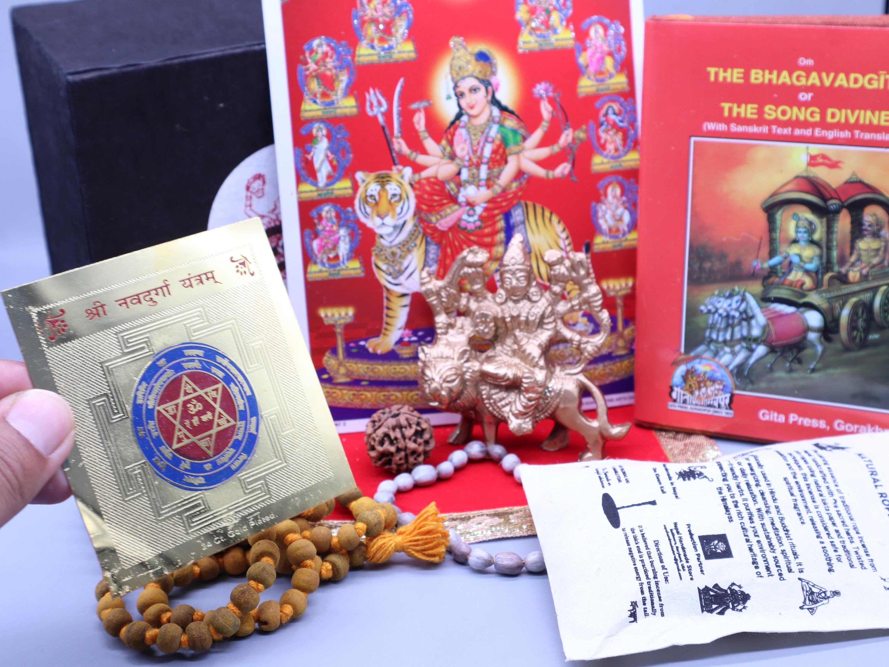 Durga Divine Gift Box: Brass Statue, Yantra, Haldi Mala