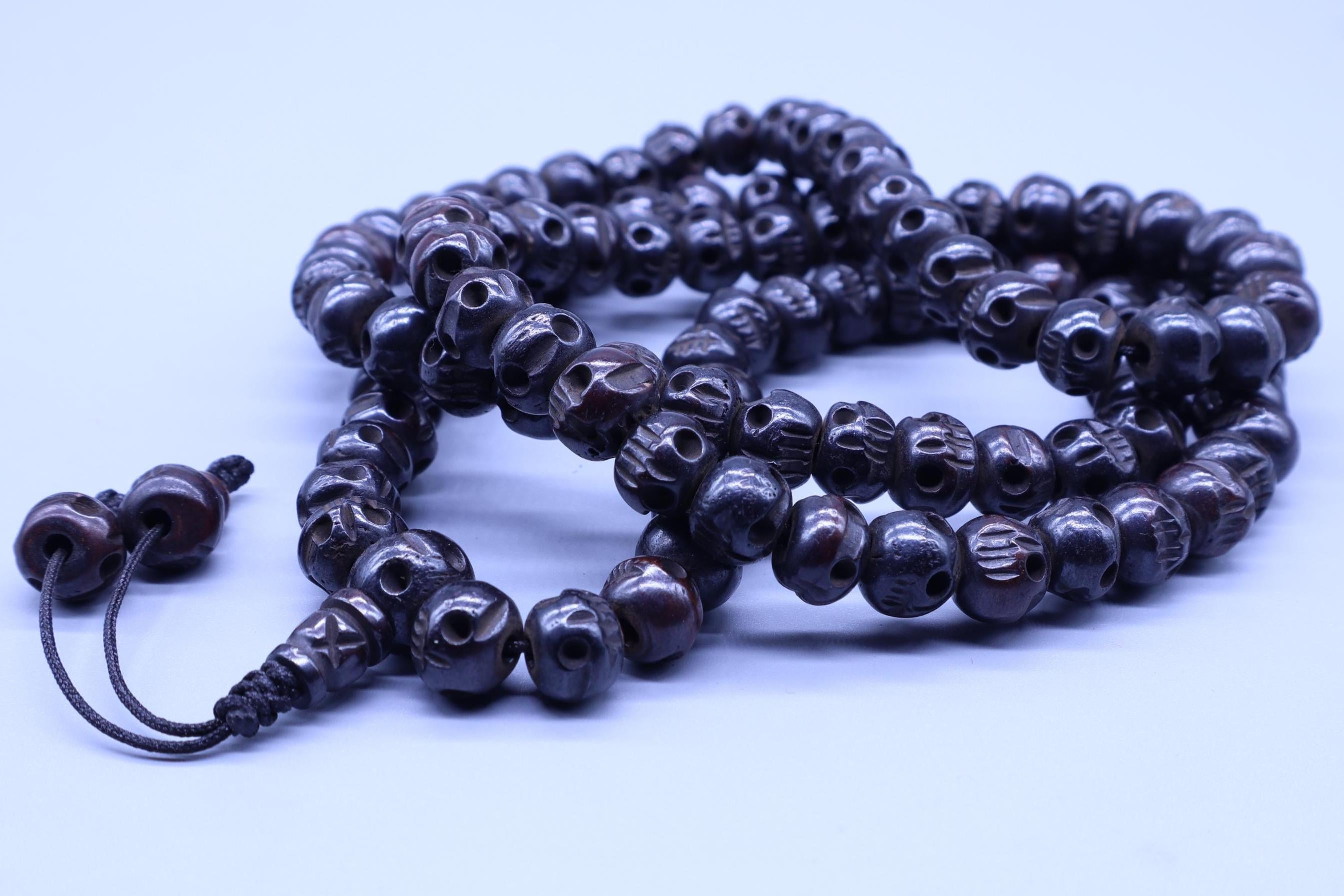Hand Carved Bone Skull Mala: Tibetan Prayer Beads Necklace
