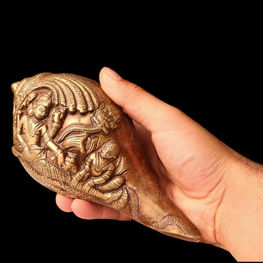 Hand Carved Blowable Laxmi Narayan Shankha, Metal Conch Shell