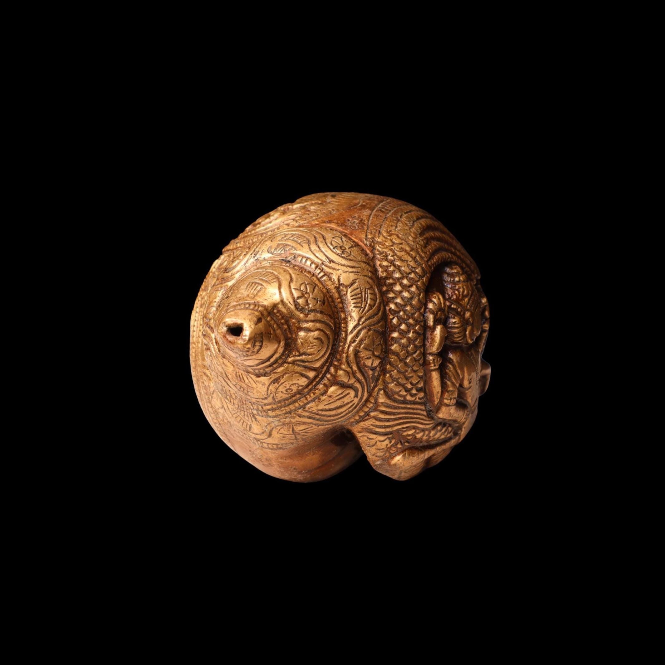 Hand Carved Blowable Laxmi Narayan Shankha, Metal Conch Shell