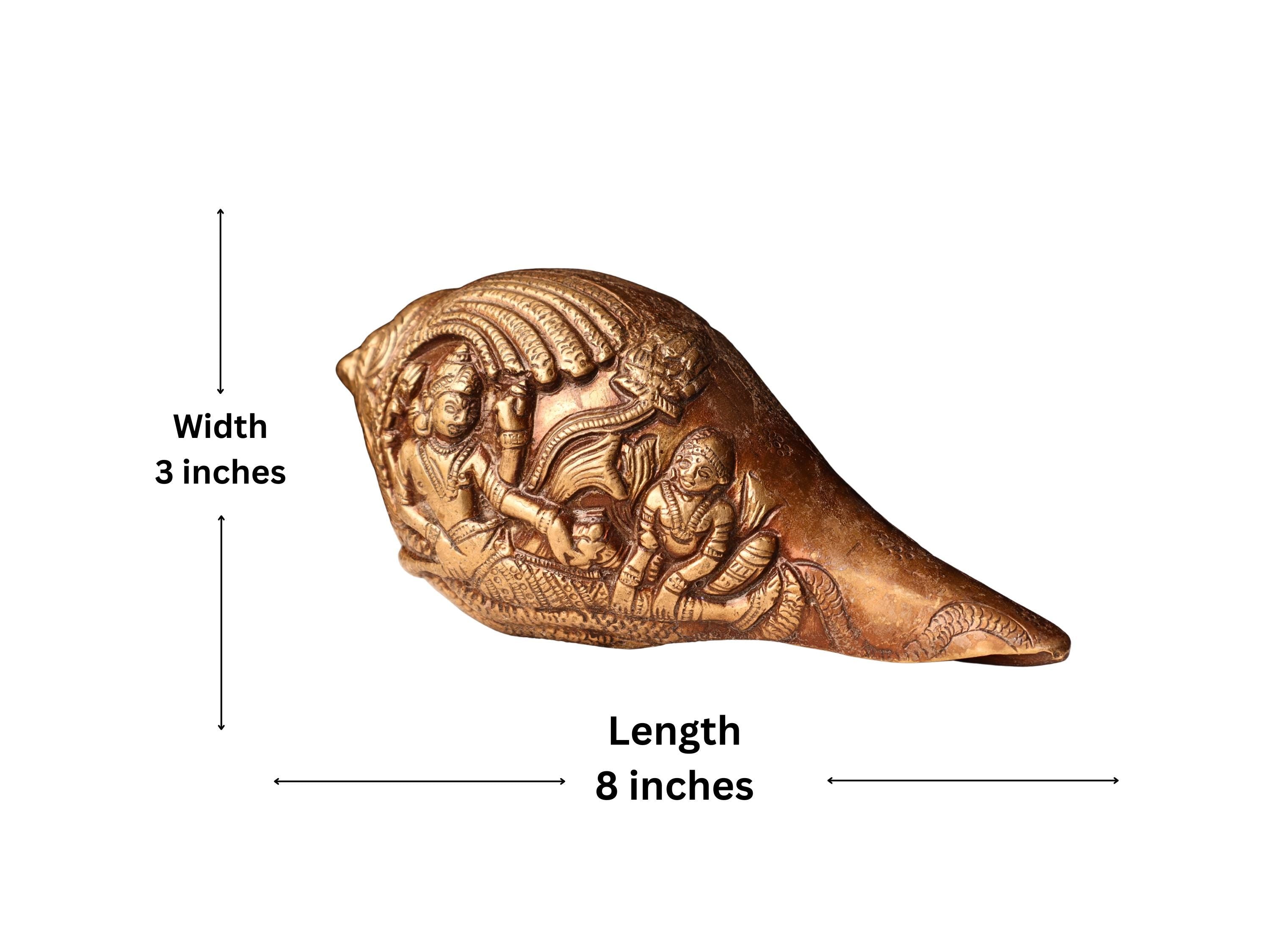 Hand Carved Blowable Laxmi Narayan Shankha, Metal Conch Shell