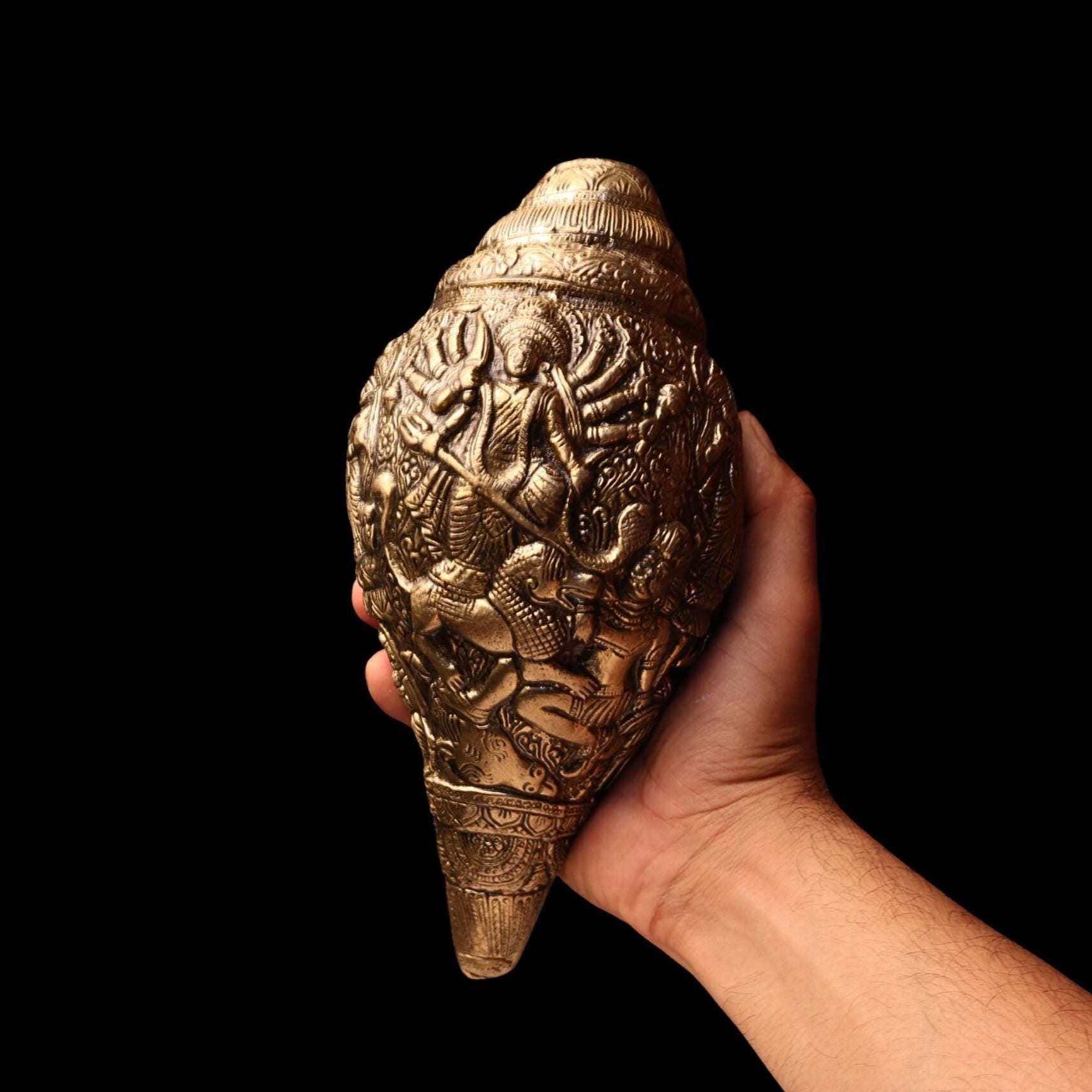 Ma Durga Brass Conch Shell: Hindu Goddess Shrine Decor, Nepal