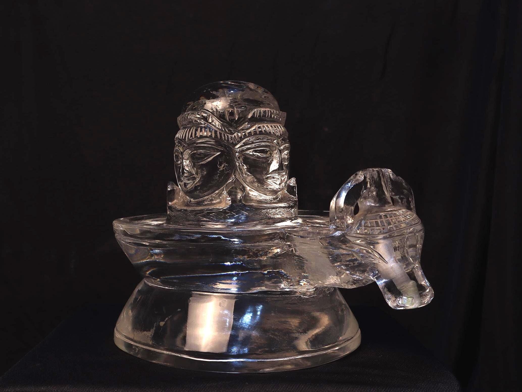 Hand-Carved Sphatik Shiva Linga Statue: Quartz Crystal with Nandi, Himalayan Temple Art