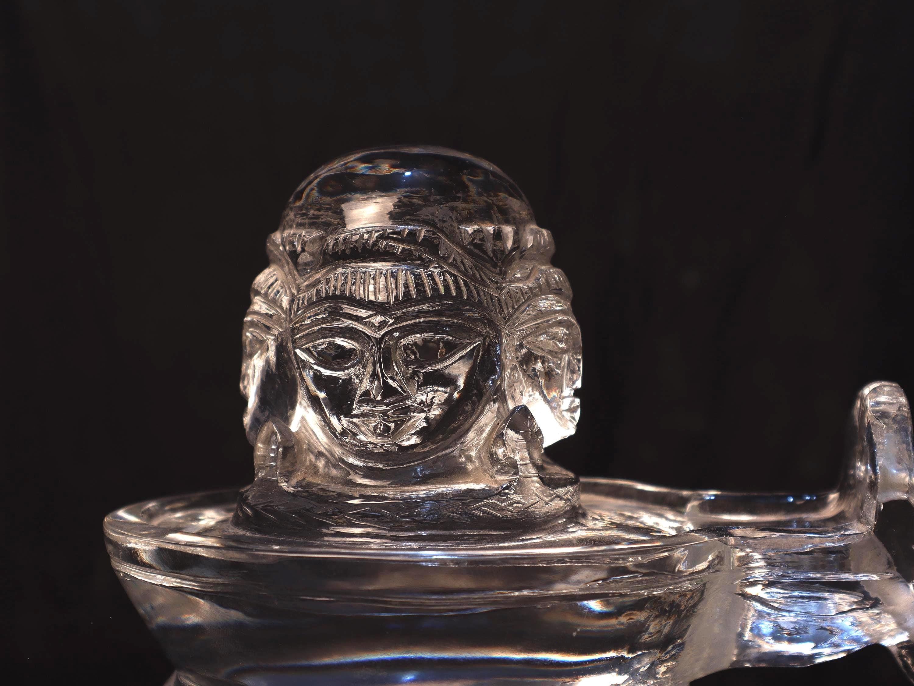 Hand-Carved Sphatik Shiva Linga Statue: Quartz Crystal with Nandi, Himalayan Temple Art