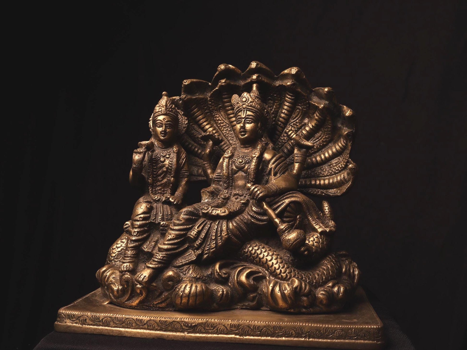 Handmade Brass Vishnu Lakshmi Idol on Sheshnag: Hindu Temple Decor