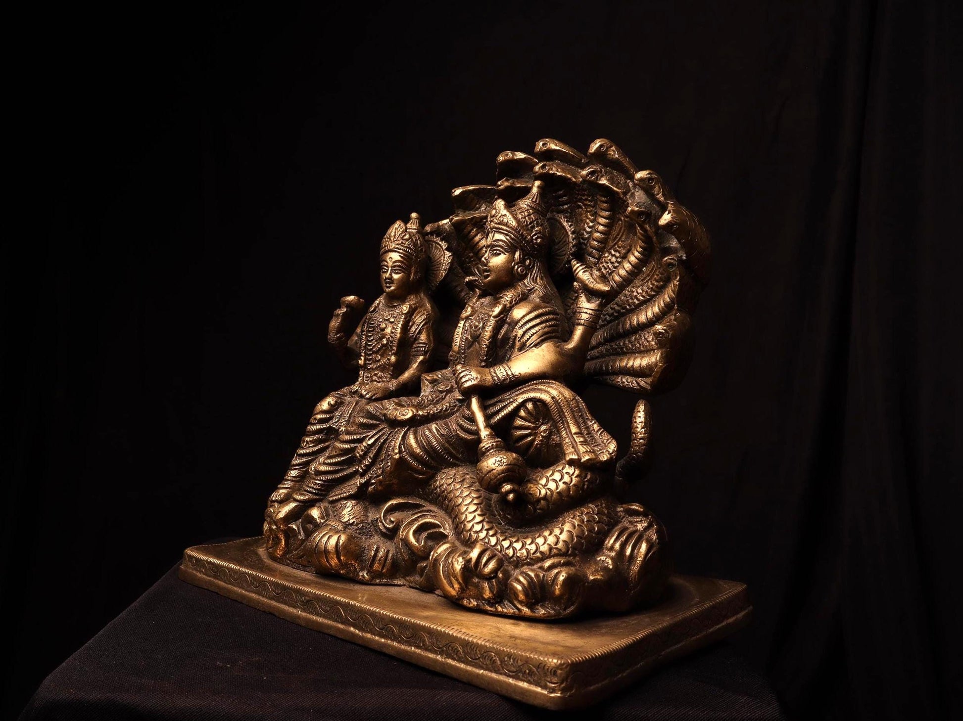 Handmade Brass Vishnu Lakshmi Idol on Sheshnag: Hindu Temple Decor