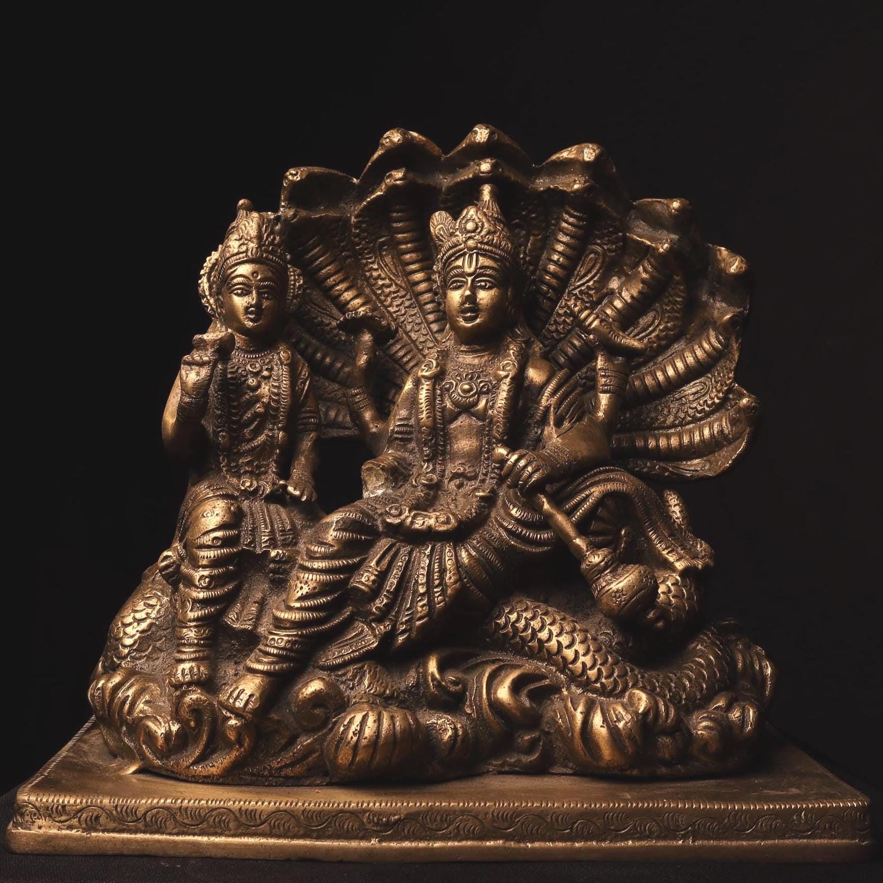 Handmade Brass Vishnu Lakshmi Idol on Sheshnag: Hindu Temple Decor