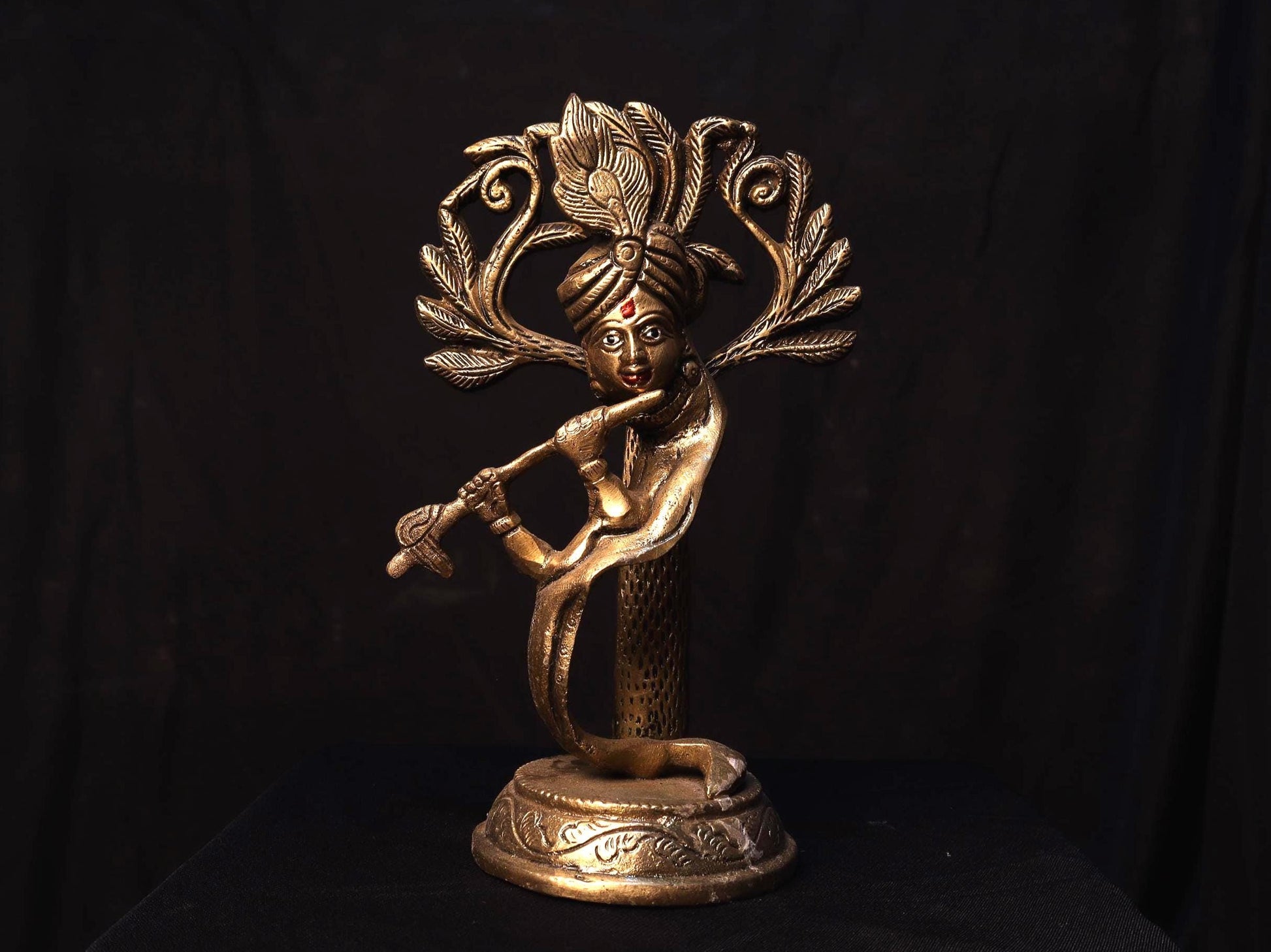 Handmade Krishna Brass Idol: Rare Flute Design, Nepal Temple Decor
