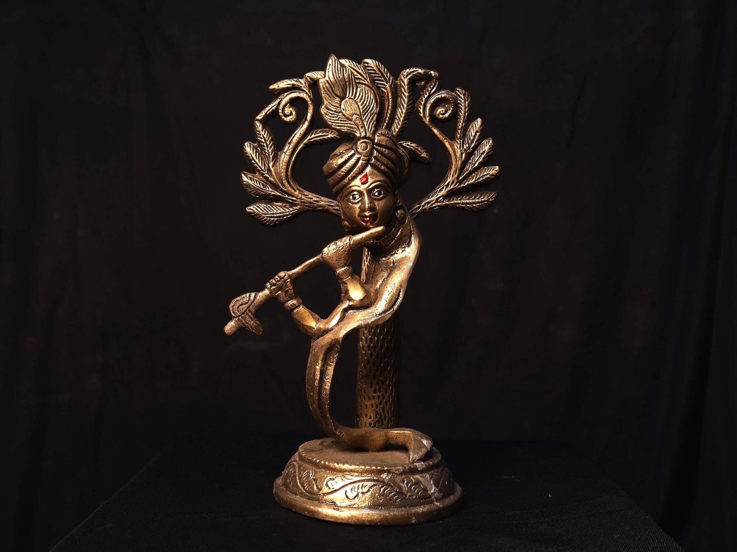 Handmade Krishna Brass Idol: Rare Flute Design, Nepal Temple Decor