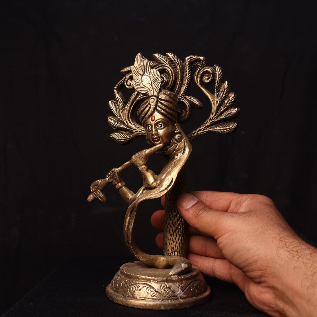 Handmade Krishna Brass Idol: Rare Flute Design, Nepal Temple Decor