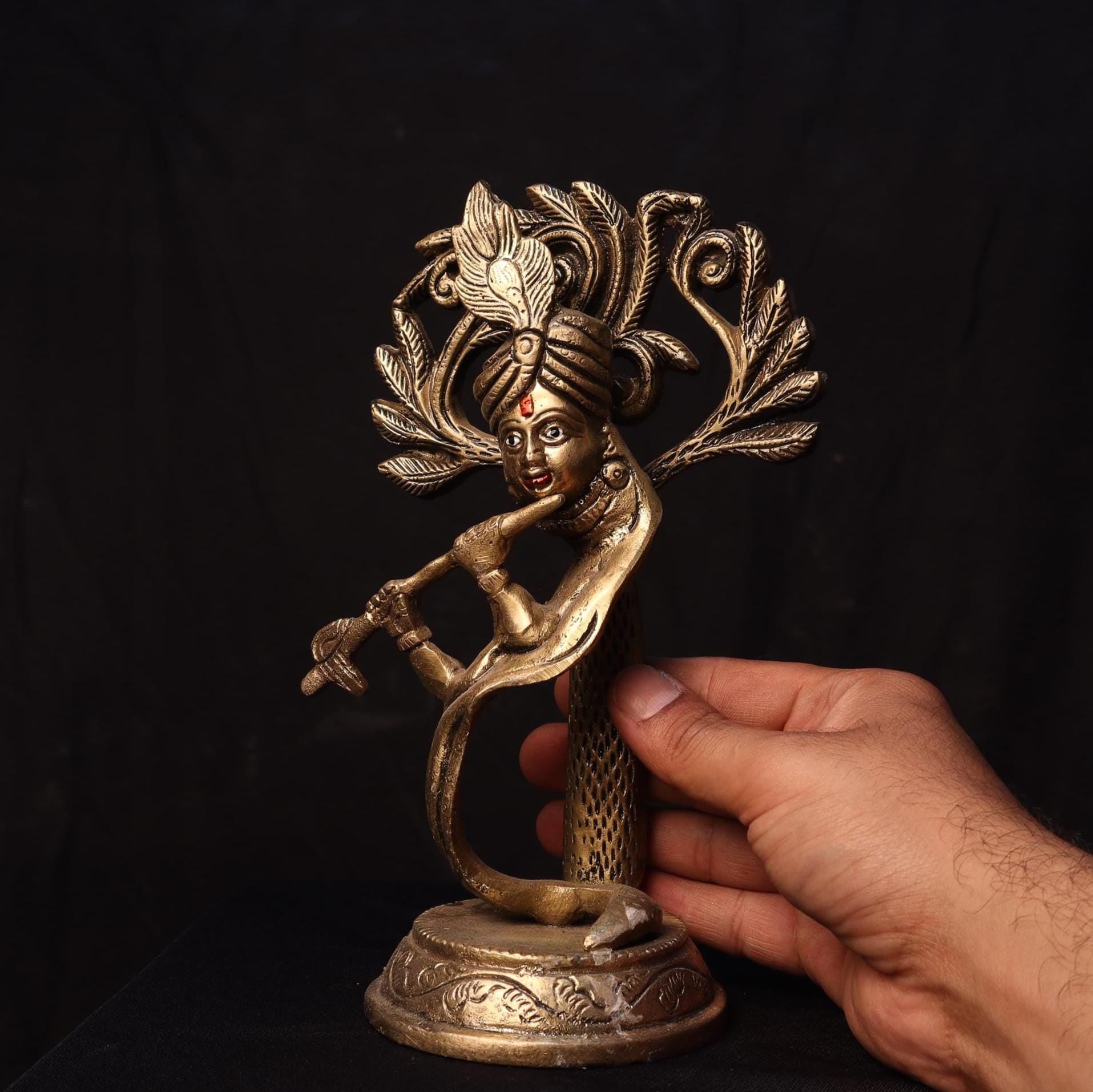Handmade Krishna Brass Idol: Rare Flute Design, Nepal Temple Decor
