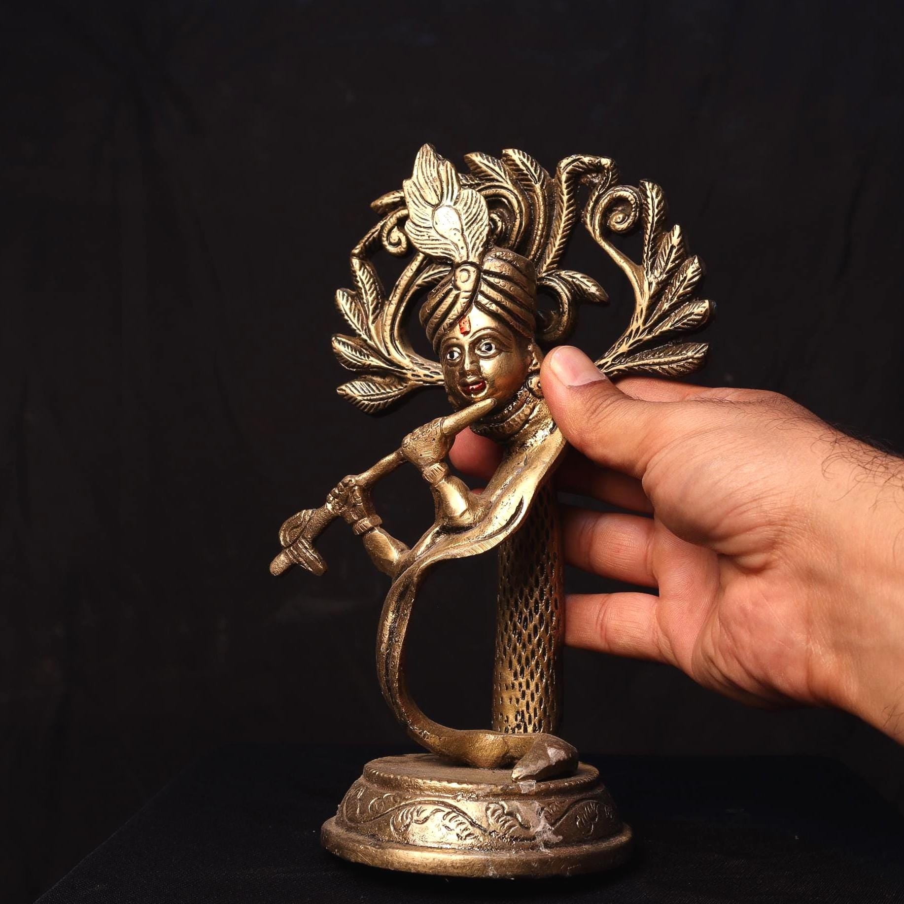 Handmade Krishna Brass Idol: Rare Flute Design, Nepal Temple Decor