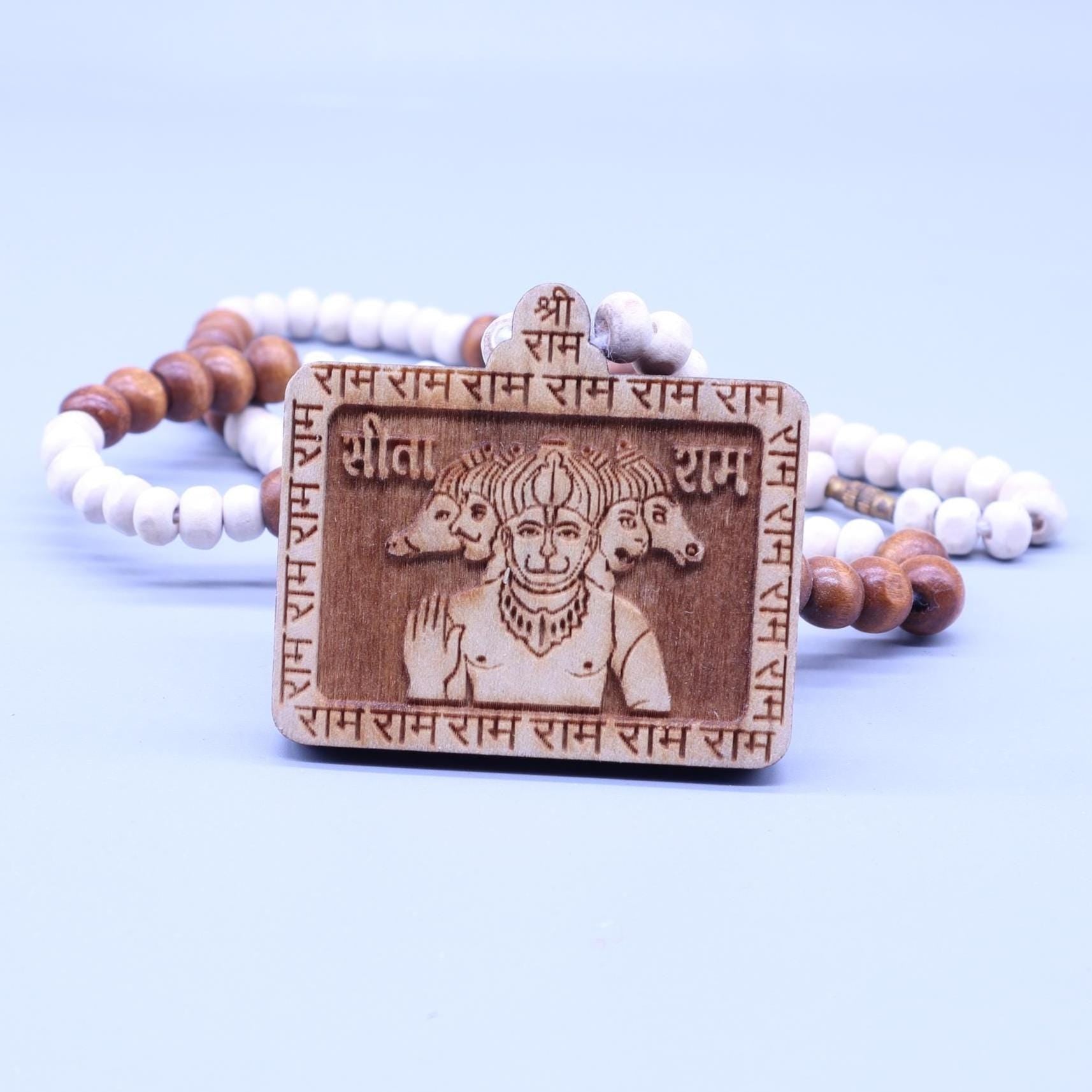 Tulsi Bead Ramayana Mala: Hand-Carved Hanuman Pendant