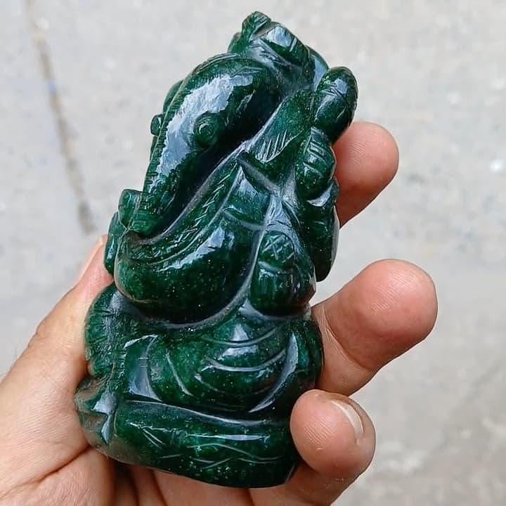 Hand Carved Green Jade Ganesha Statue: Hindu Shrine Decor