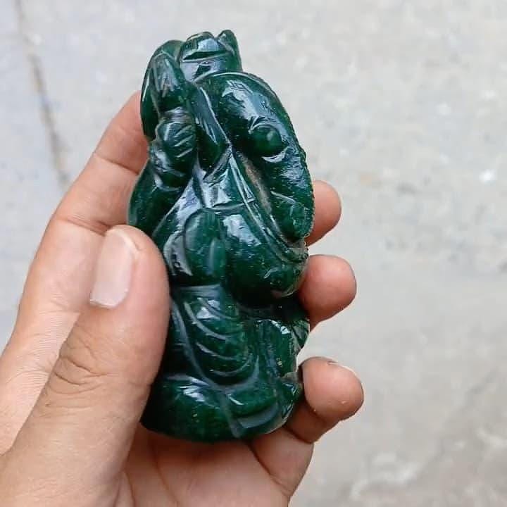 Hand Carved Green Jade Ganesha Statue: Hindu Shrine Decor