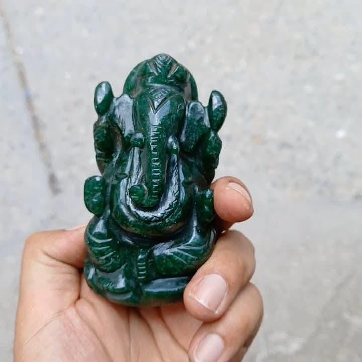 Hand Carved Green Jade Ganesha Statue: Hindu Shrine Decor