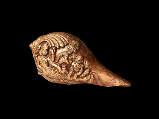 Hand Carved Blowable Laxmi Narayan Shankha, Metal Conch Shell