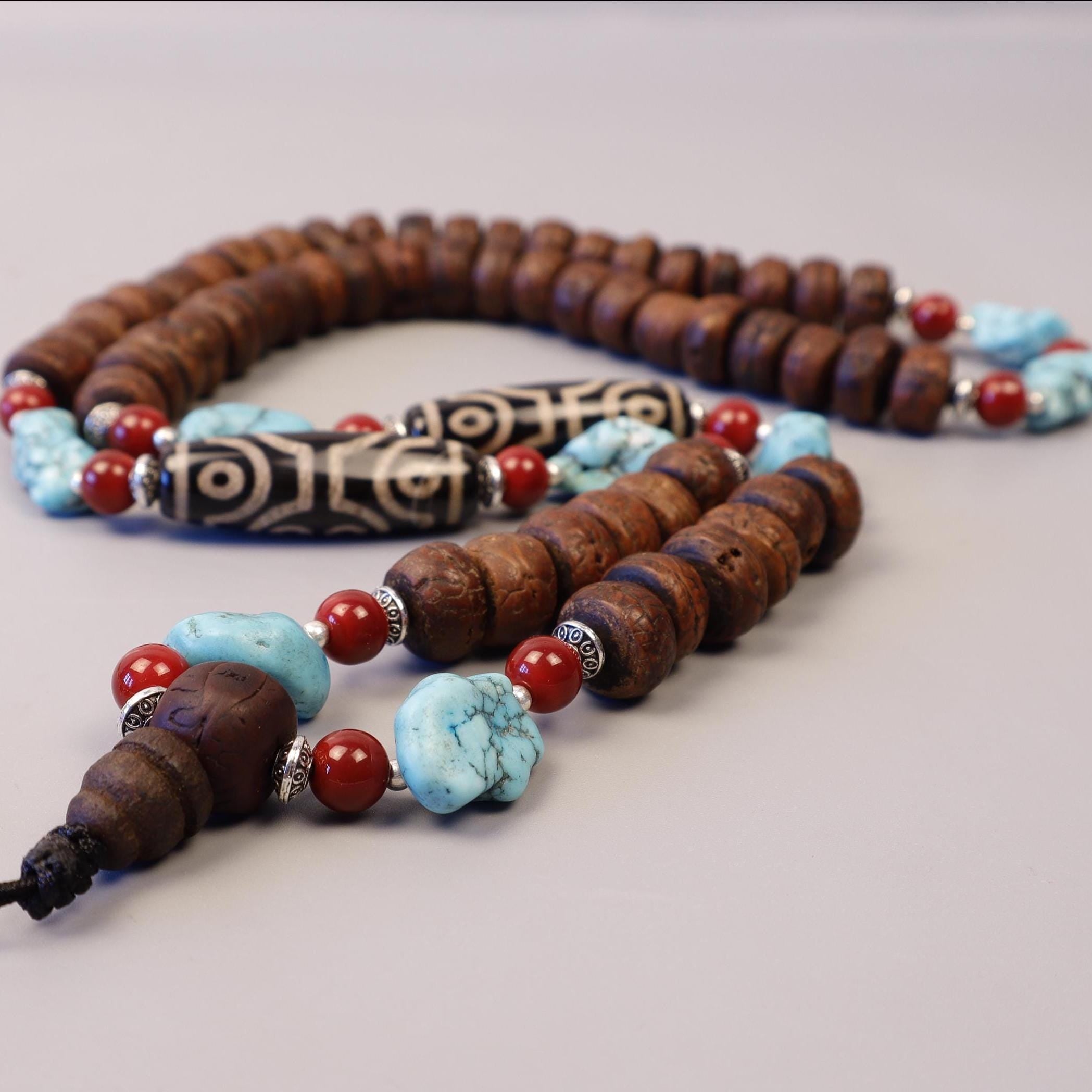 Bodhi Seed Dzi Eye Mala, Tibetan Aged Buddhist Mala, Free Bracelet