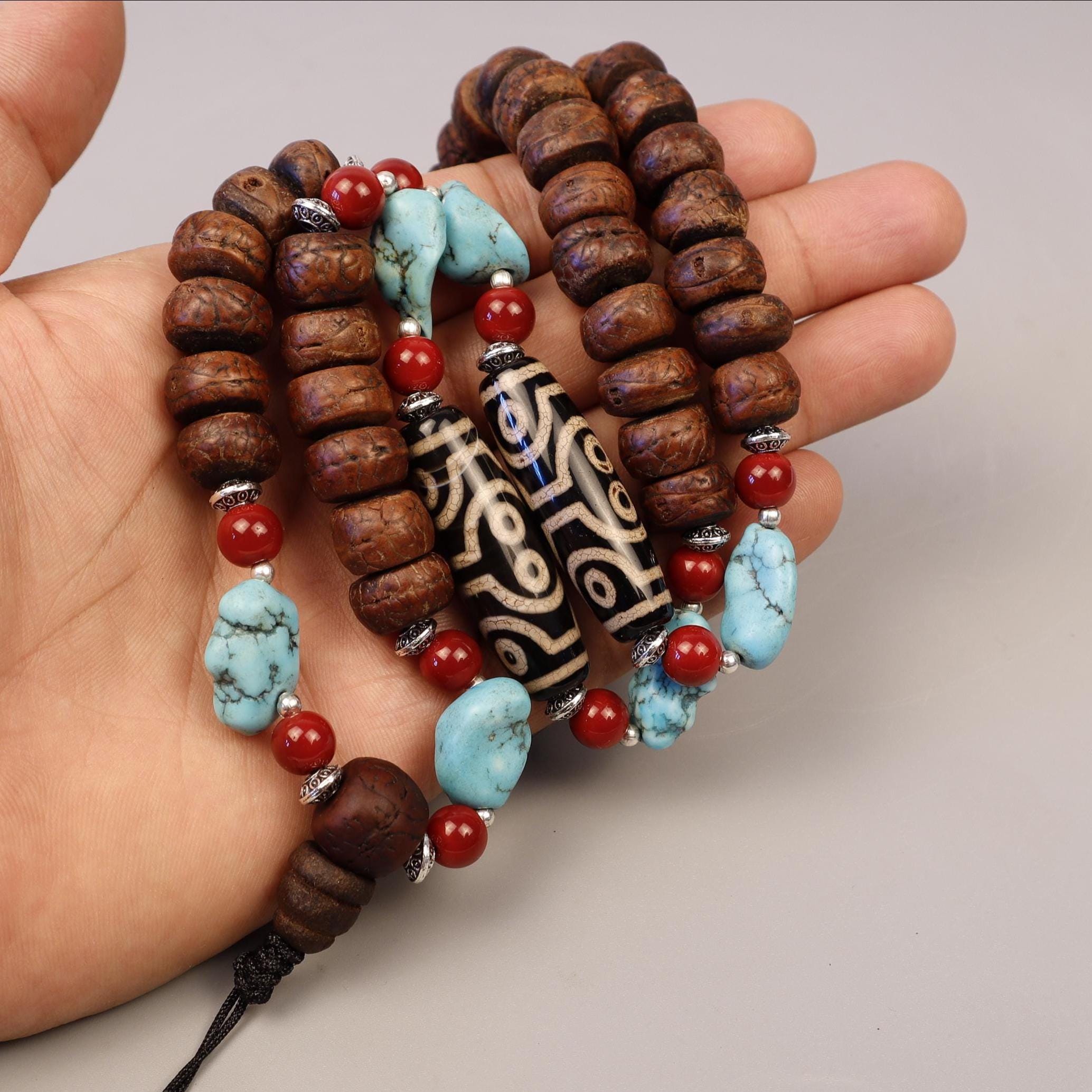 Bodhi Seed Dzi Eye Mala, Tibetan Aged Buddhist Mala, Free Bracelet