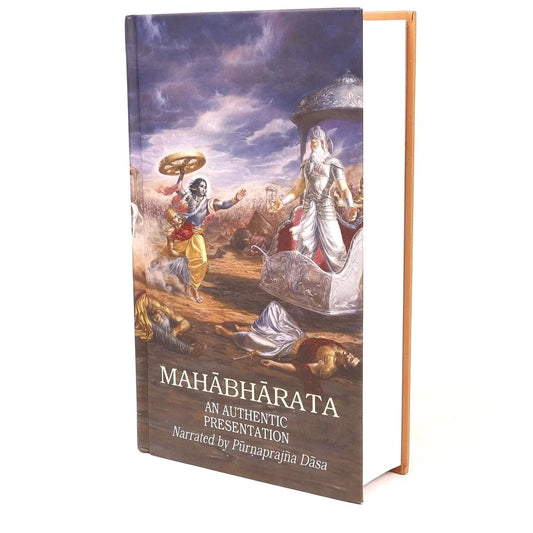 Mahabharata book cover featuring a traditional painting of an ancient Indian battle scene.