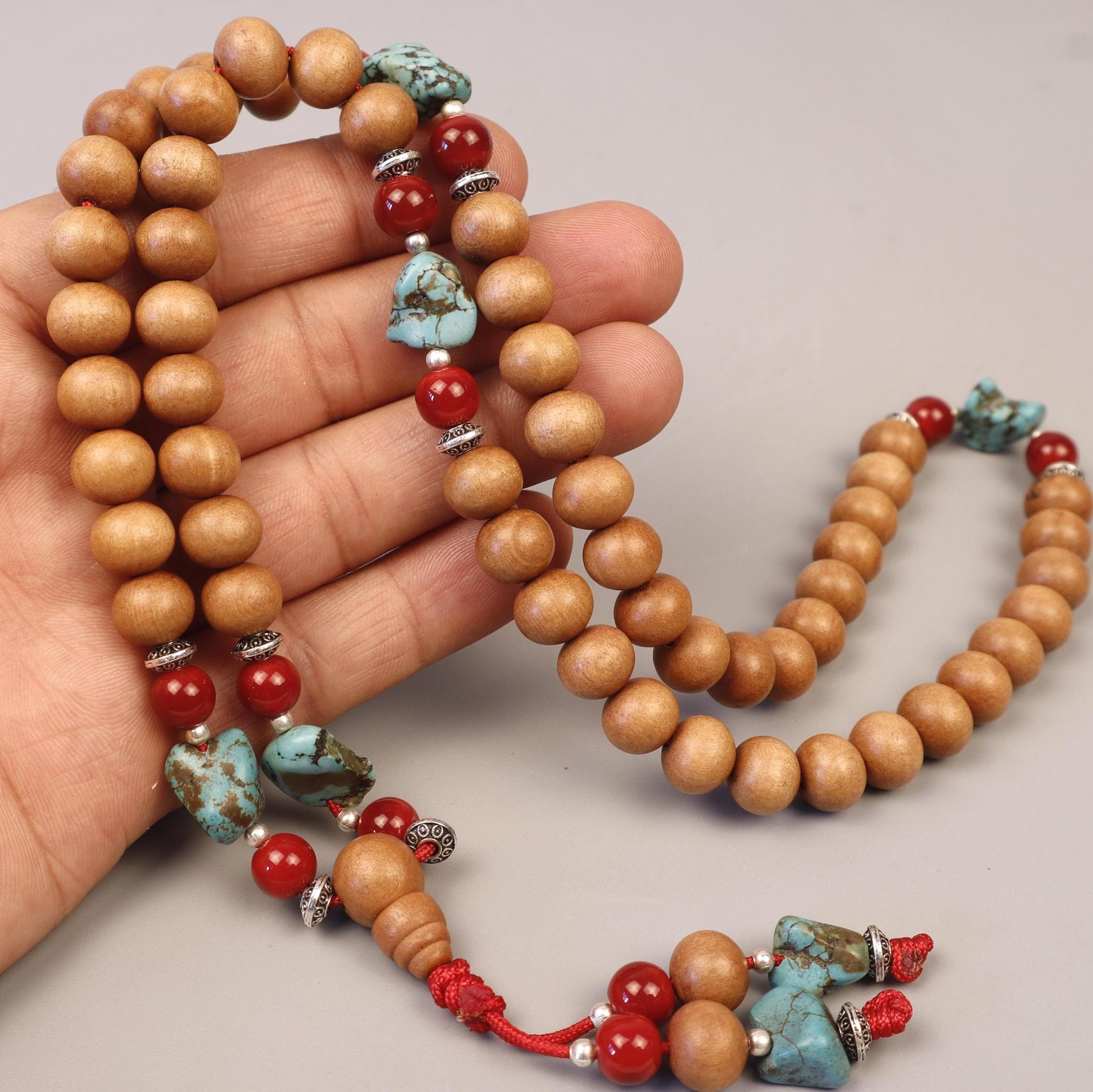 Tibetan Sandalwood Turquoise Mala, Protective Buddhist Necklace
