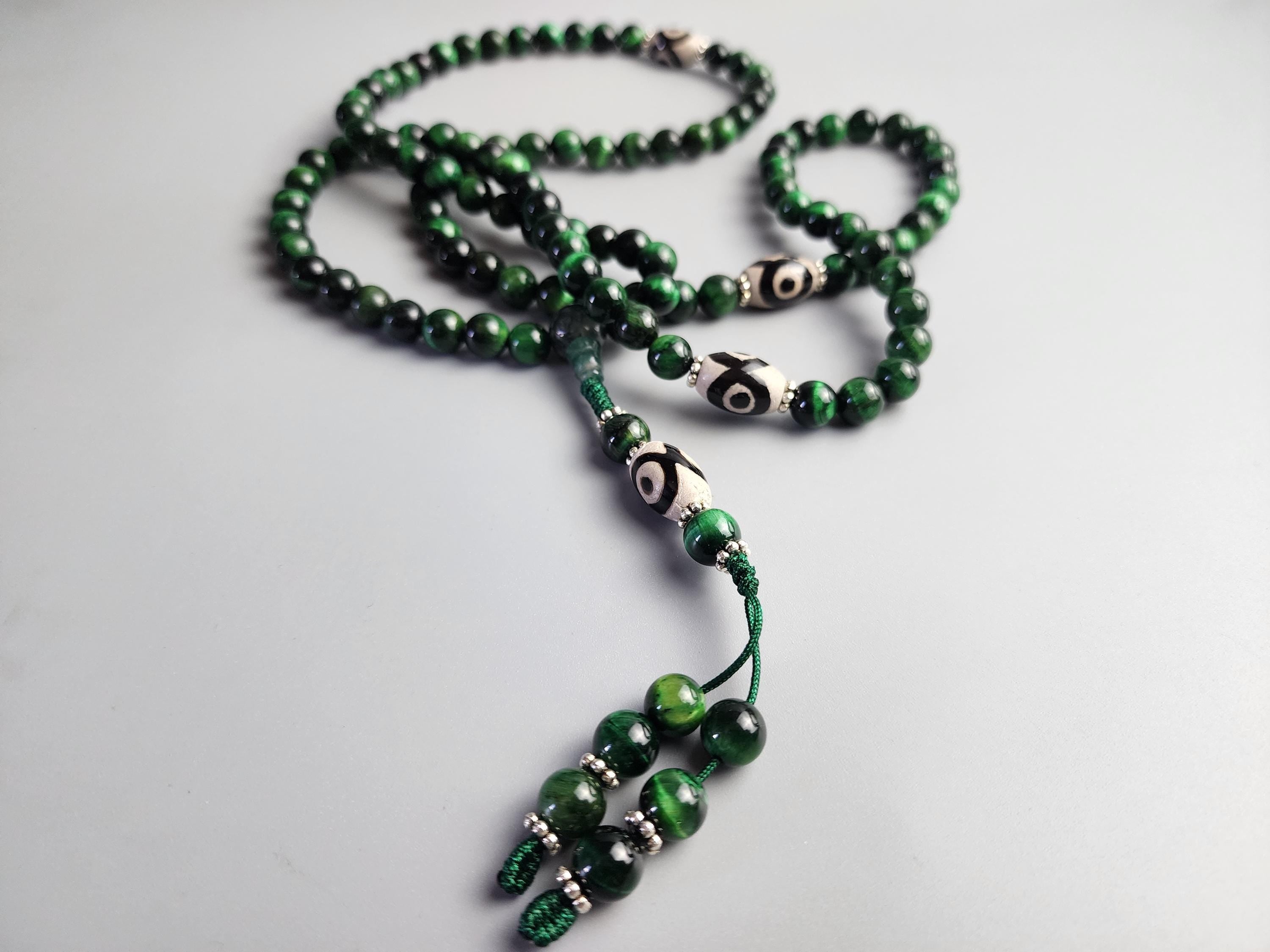 Green Tiger Eye And Tibetan Dzi Bead Necklace, Evil Eye Protection