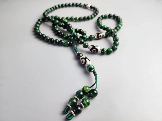 Green tiger eye prayer mala beads with silver accents and decorative focal beads