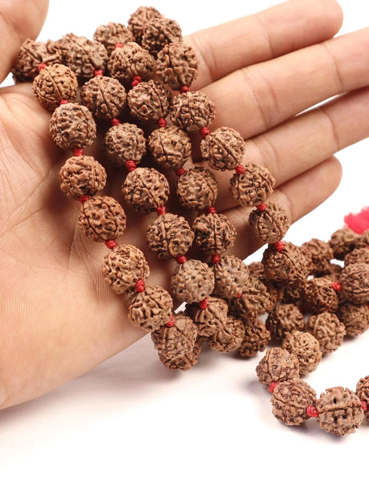 Hand holding a traditional Rudraksha bead mala with red string accents