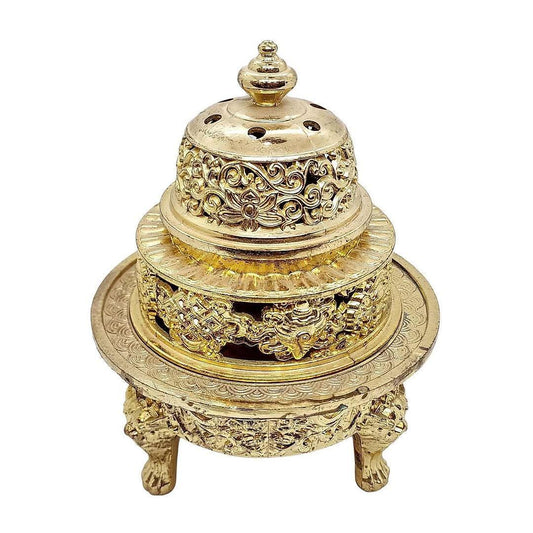 Ornate gold-plated traditional incense burner with intricate carvings and lid