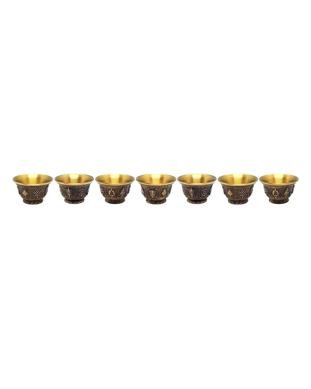 Buddhist Water Offering Brass Bowl With Engraving Set Of 7, 8 Auspicious Symbols