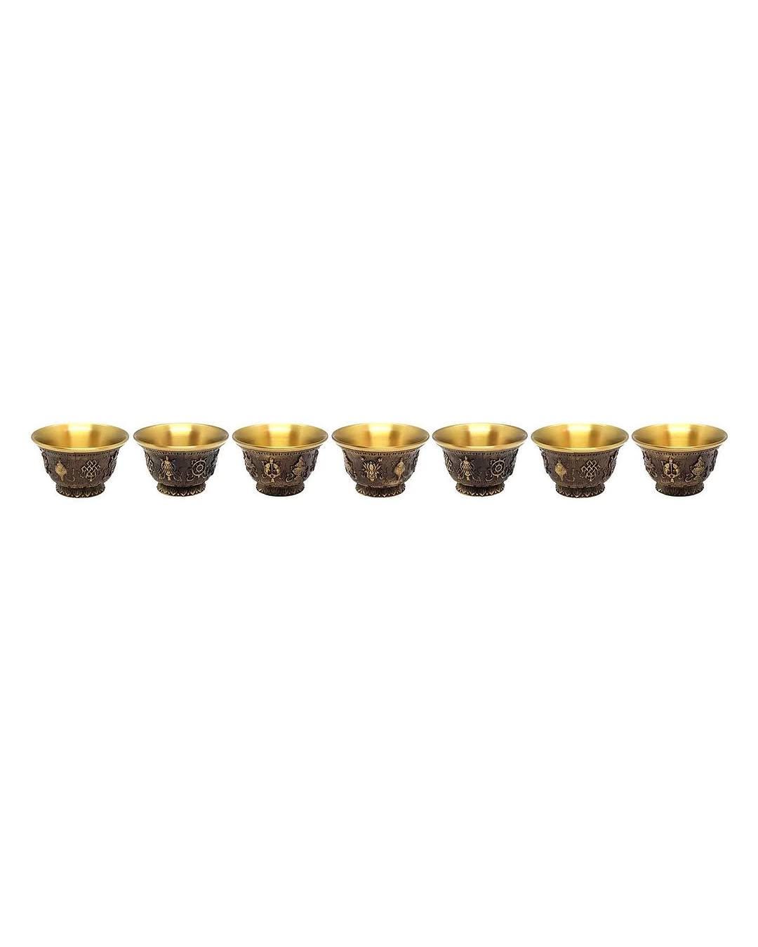 Buddhist Water Offering Brass Bowl With Engraving Set Of 7, 8 Auspicious Symbols