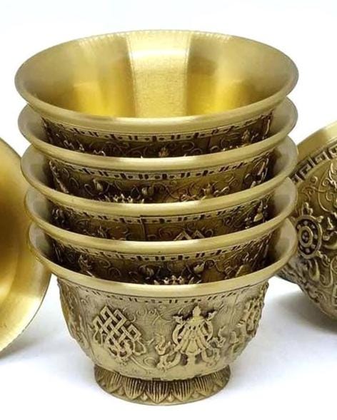 Buddhist Water Offering Brass Bowl With Engraving Set Of 7, 8 Auspicious Symbols