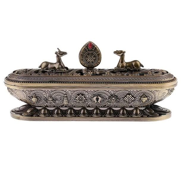 Tibetan Buddhist Incense Burner With Wheel of Dharma And Deer Shrine Decor