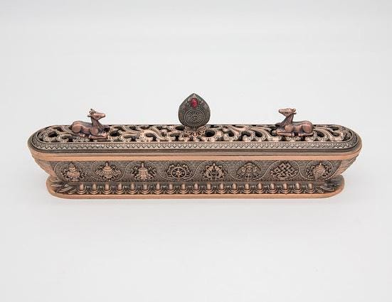 Tibetan Buddhist Incense Burner With Wheel of Dharma And Deer Shrine Decor