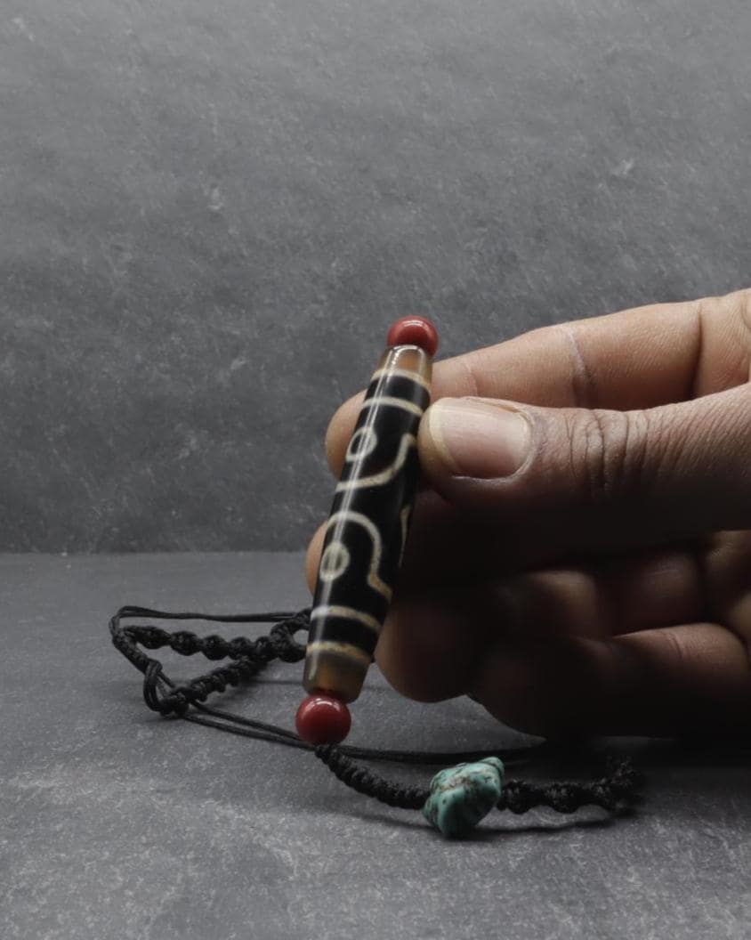 Antique Tibetan Dzi Mala, Guru Rinpoche Three Realms Dzi Bead, 58x12 mm, 30 Years Old, Spiritual Gift