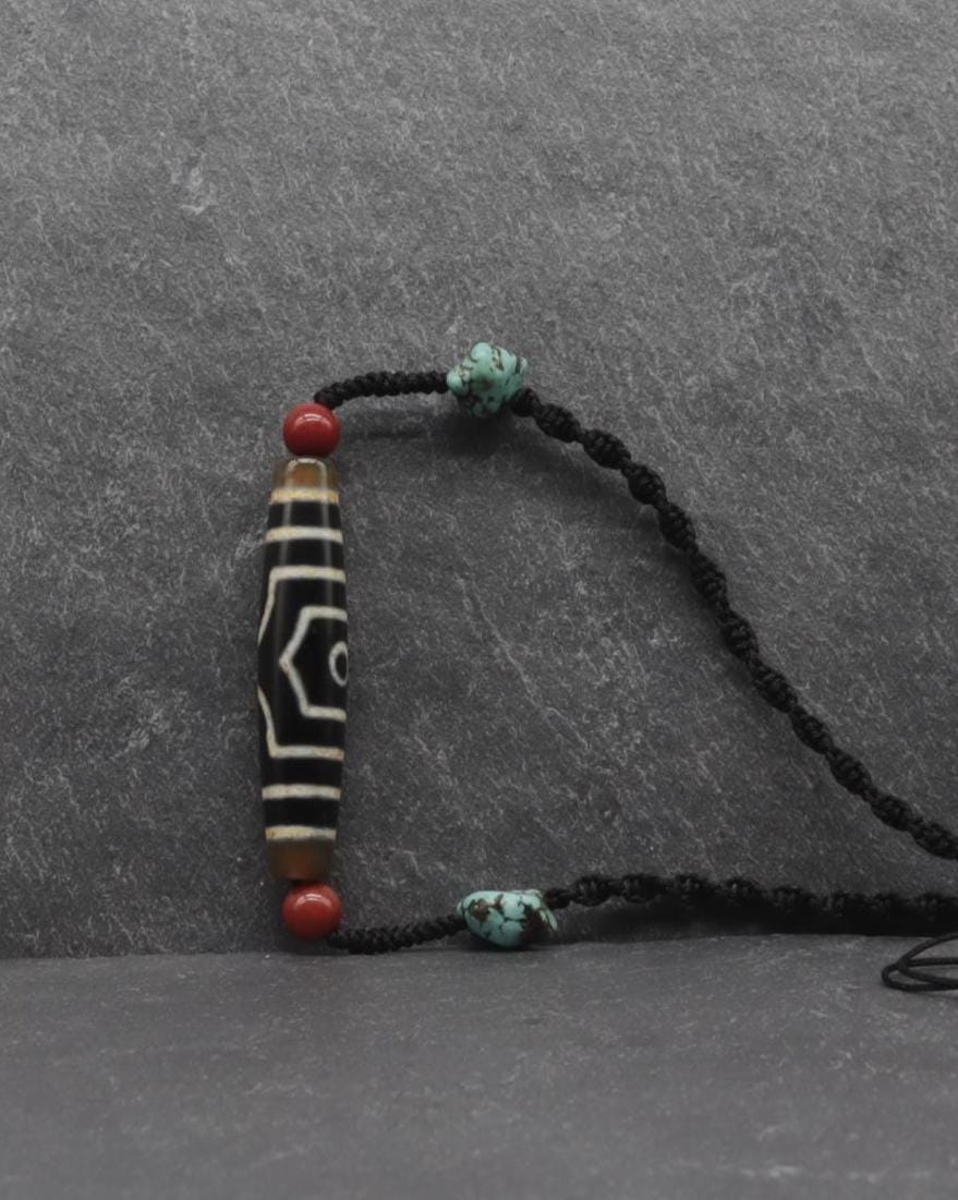 Antique Tibetan Dzi Mala, Guru Rinpoche Three Realms Dzi Bead, 58x12 mm, 30 Years Old, Spiritual Gift