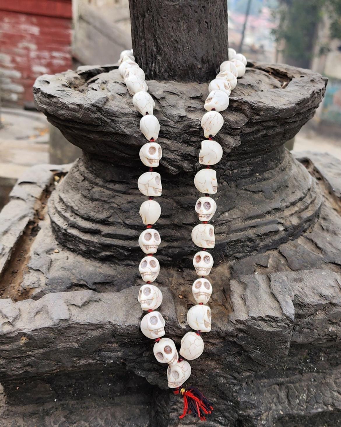 Howlite Ma Kali Skull Prayer Beads, Hand Knotted Maha Kalika Necklace From Nepal